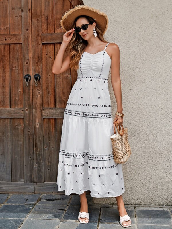 Bohemian Summer Dress For Women - Cotton Maxi Dress With Embroidery, Lightweight, Breathable Fabric, And Stretch Waistband For Beach Vacation - Image 3