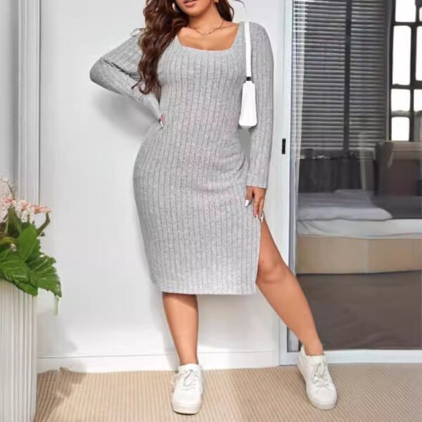 Long Sleeve Narrow Slit Slim-fitting Sunken Stripe Knitted Dress - Image 3