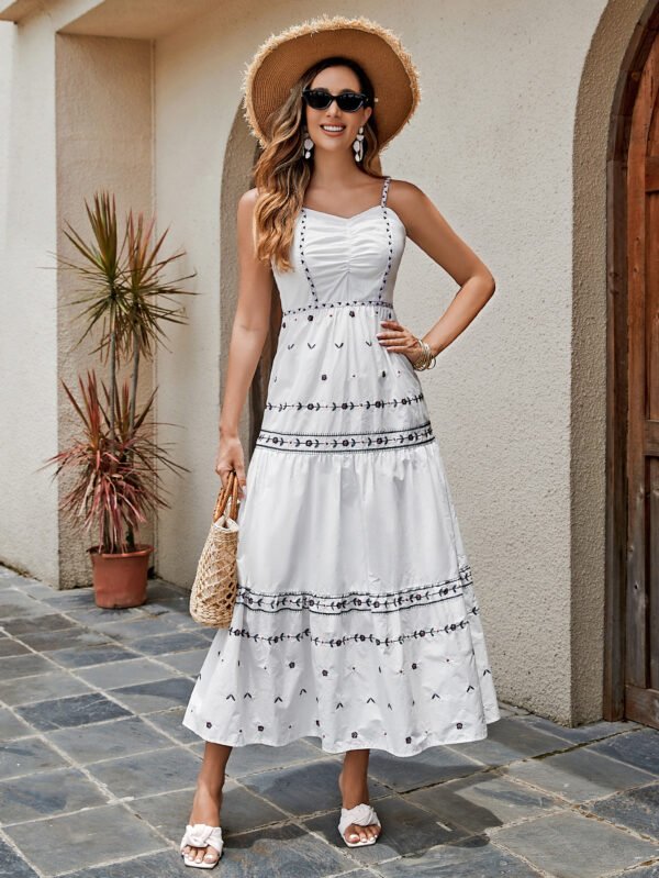Bohemian Summer Dress For Women - Cotton Maxi Dress With Embroidery, Lightweight, Breathable Fabric, And Stretch Waistband For Beach Vacation - Image 7